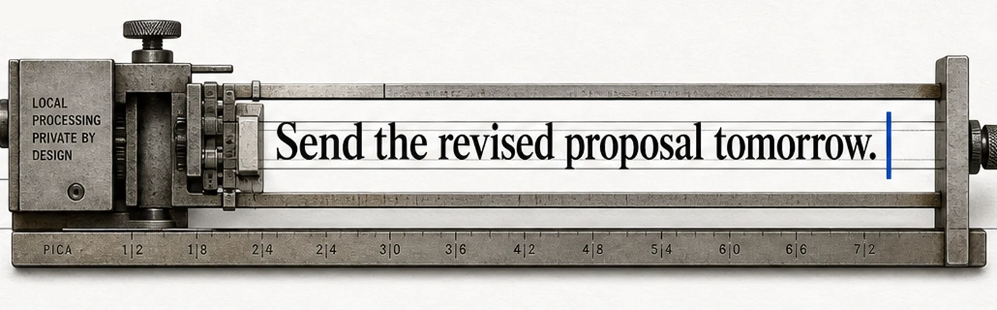 A typesetting press processes speech locally and sets the sentence Send the revised proposal tomorrow at a blue cursor