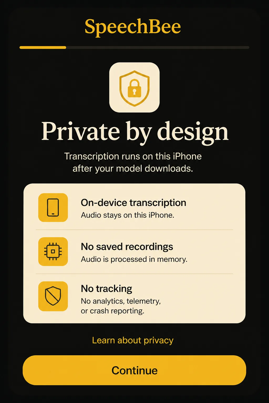 SpeechBee private-by-design onboarding on iPhone