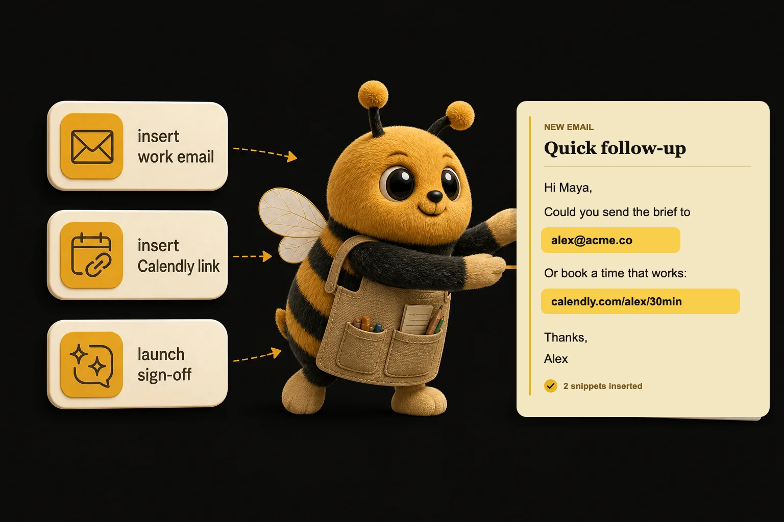 Work email and Calendly snippet triggers insert highlighted contact details into a complete email