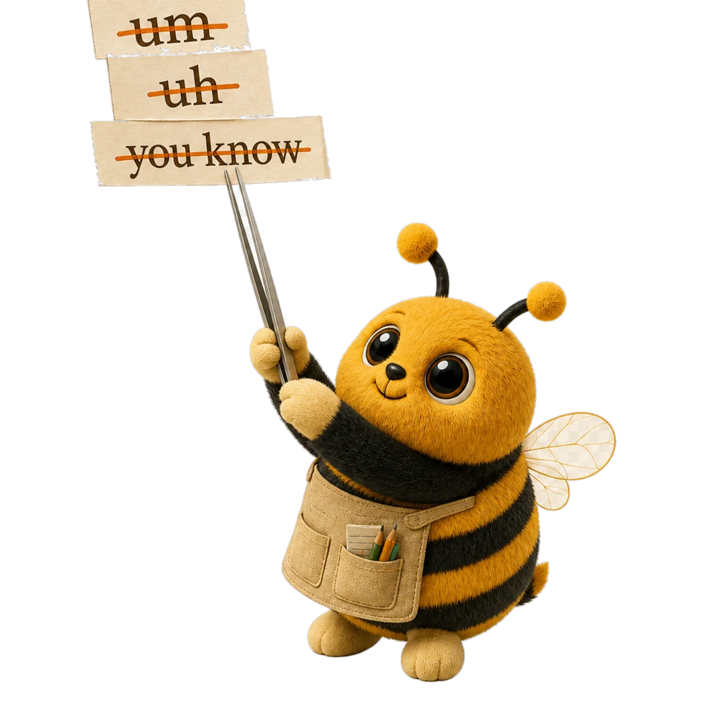 SpeechBee pulls crossed-out filler words from the spoken line above