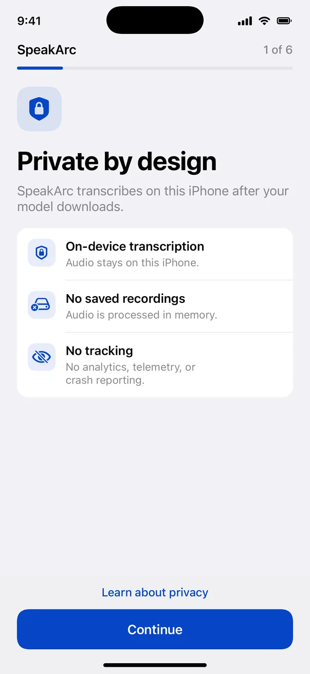 SpeechBee private-by-design onboarding on iPhone