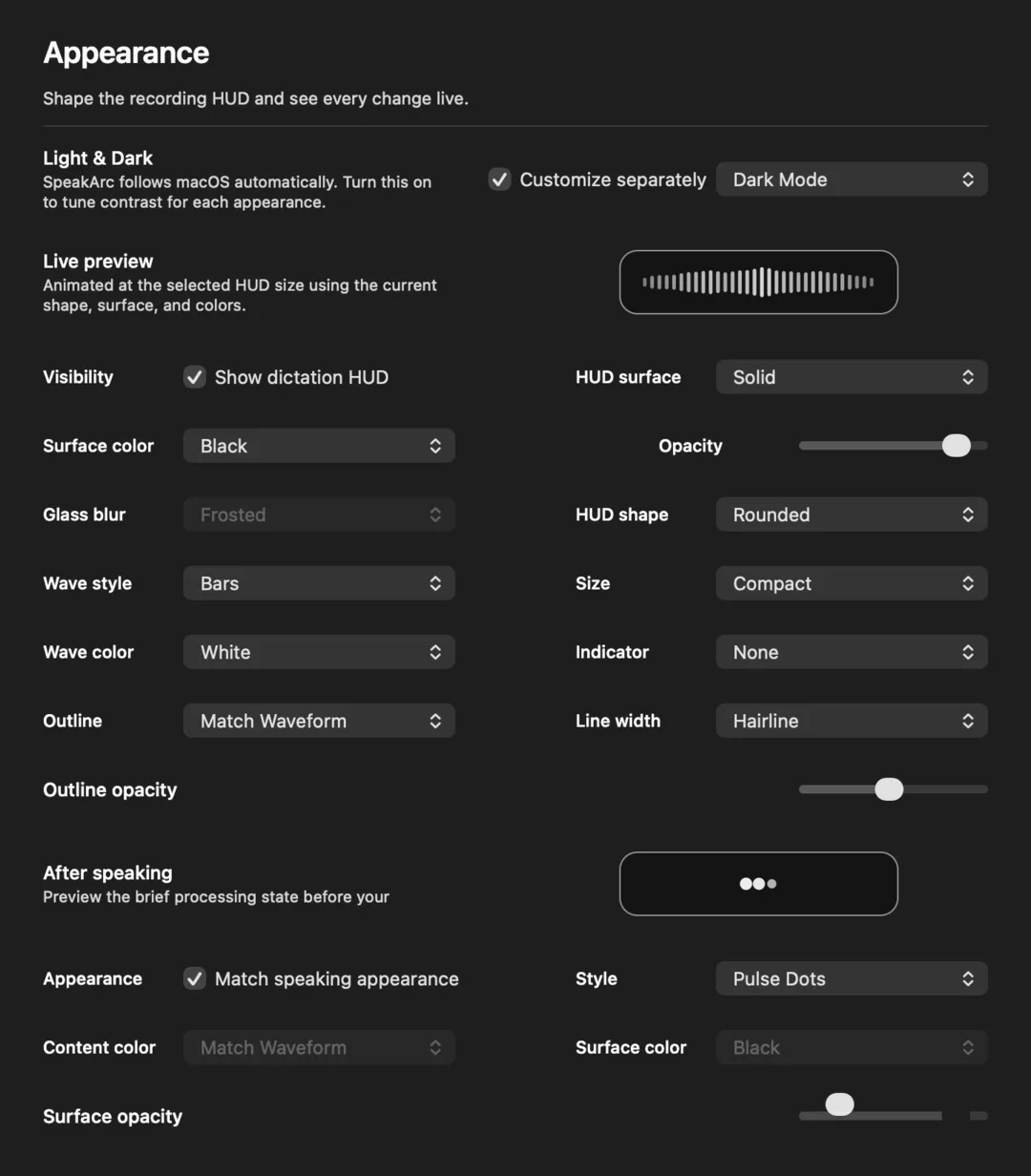 Authentic SpeechBee Appearance settings with HUD controls