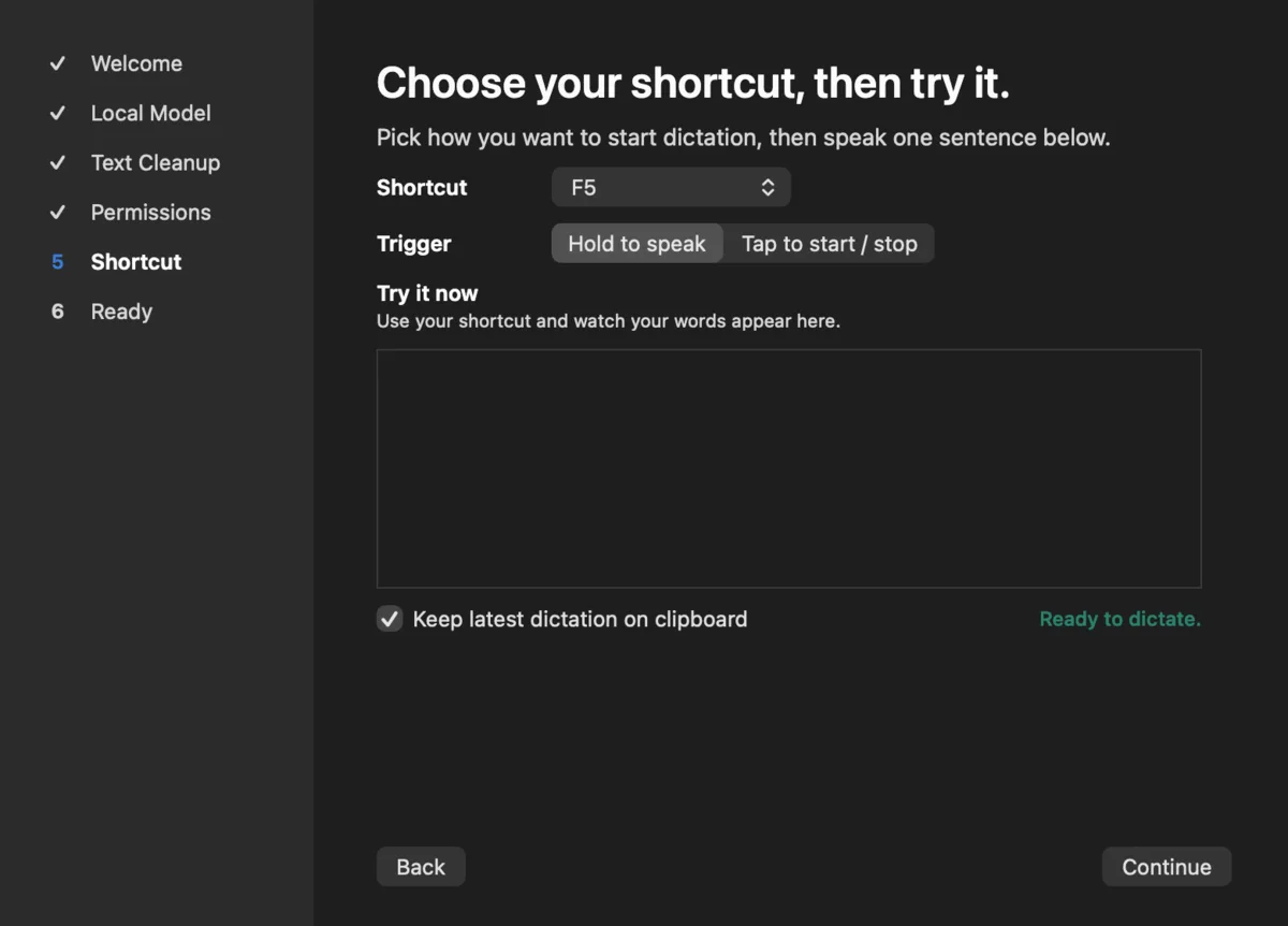 Authentic SpeechBee Mac onboarding screen for choosing and testing a dictation shortcut