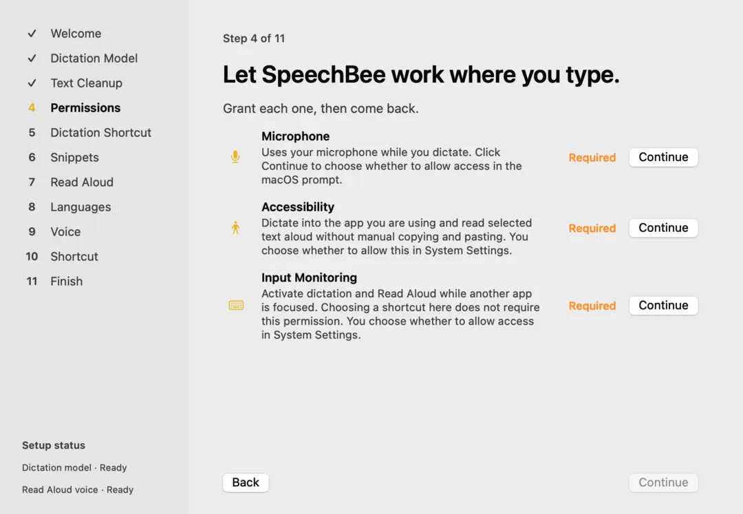 Настройка на SpeechBee на Mac с искане за Микрофон, Достъпност и Наблюдение на въвеждането