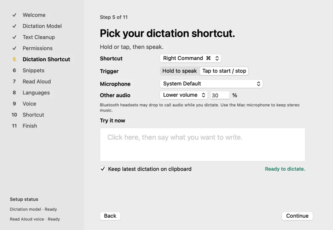 Настройка на SpeechBee на Mac: изберете клавиш за диктовка и пробвайте
